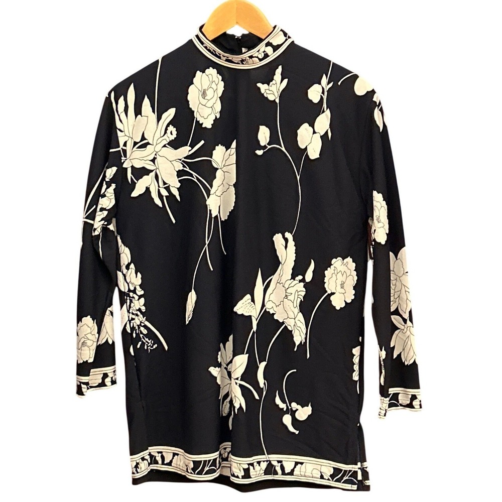 Vintage Casamia Floral Mock Neck Blouse Navy White Mod Botanical Top Retro Mod